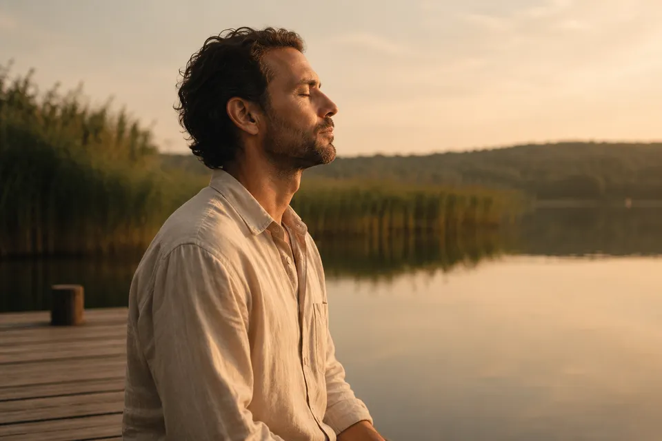 A man taking a quiet breath beside a lake at golden hour